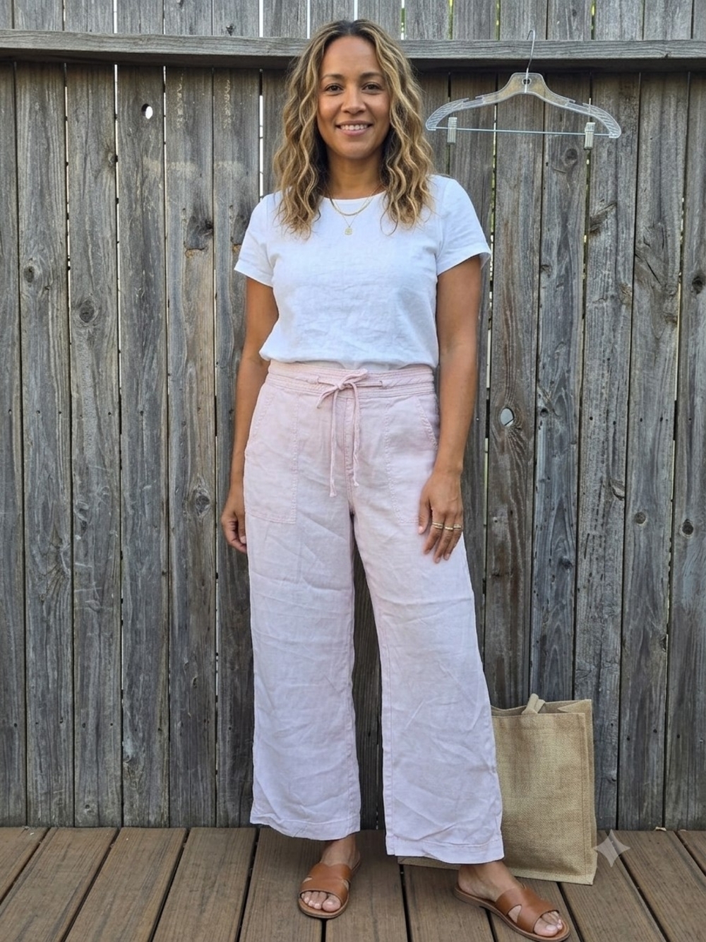 American Eagle Light Pink Drawstring Wide Leg Linen Pants Size 6 - Picture 2 of 14
